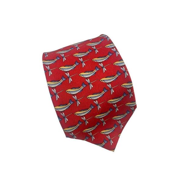 Tiffany and Co Silk Neck Tie Fish Dragonfly Red - Picture 1 of 4